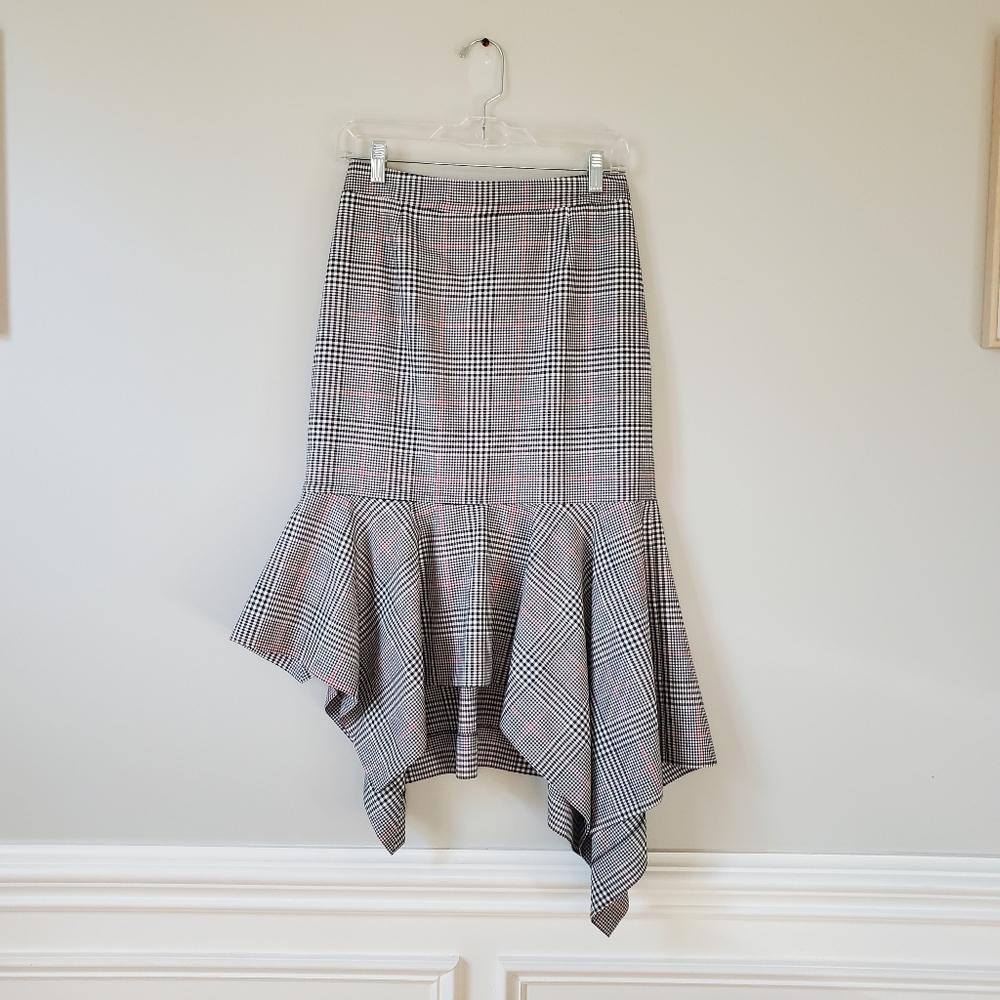 MONSE | Black, White, and Red Glen Plaid Asymmetrical Zip Skirt | 4
